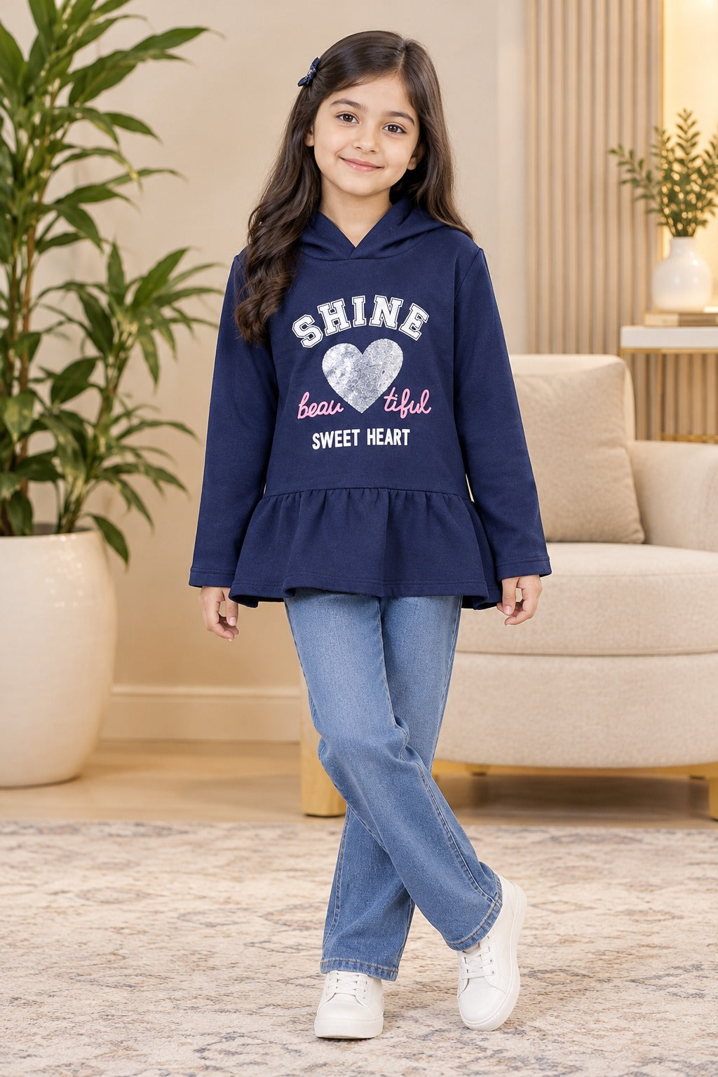 BT Girls Navy Blue Shine Heart Peplum Hoodie