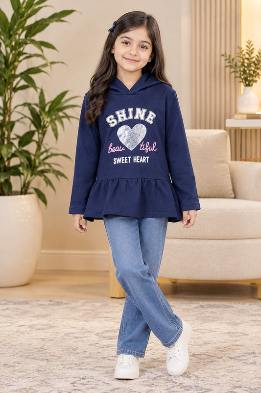 BT Girls Navy Blue Shine Heart Peplum Hoodie
